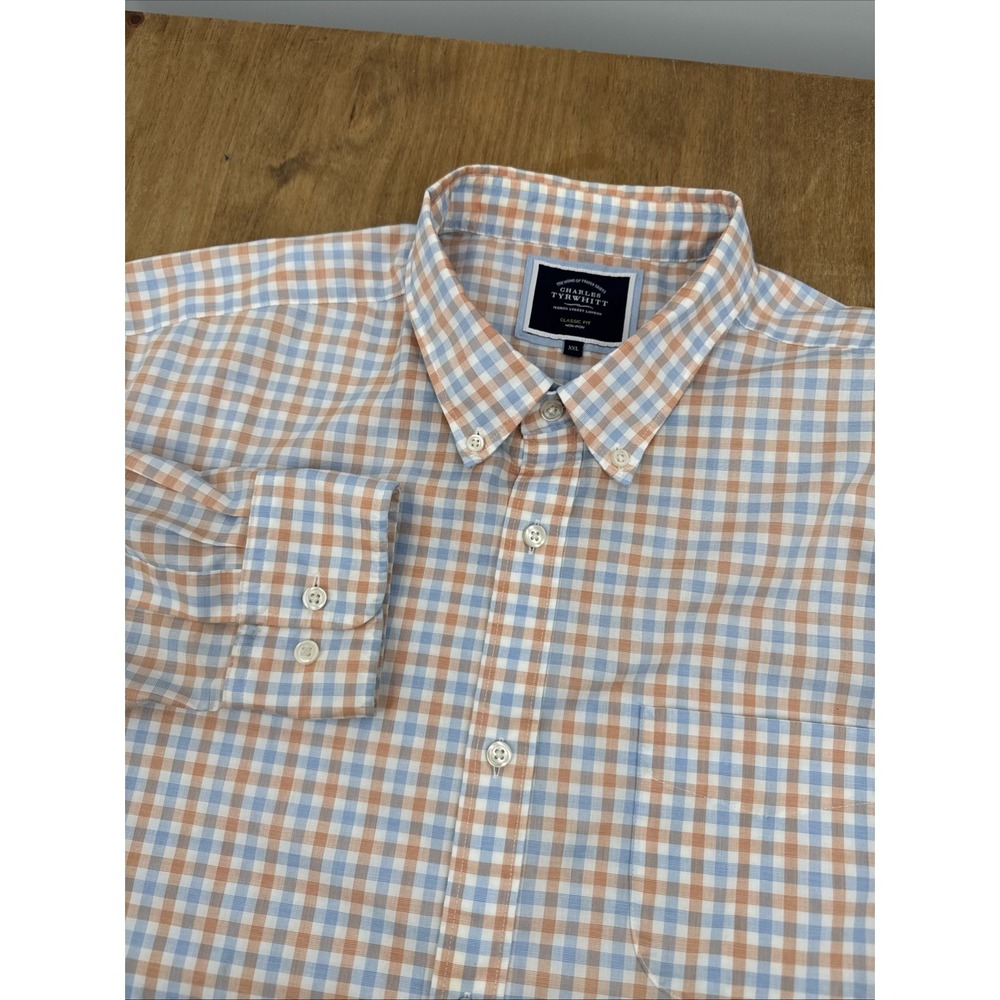 Charles Tyrwhitt Non-Iron Classic Fit Button Down Mens XXL Orange/Blue Check